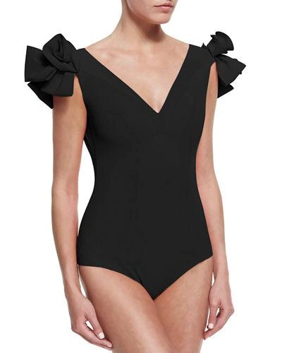 La Petite Robe Di Chiara Boni Belvisette V-neck Two Rose One-piece Swimsuit In Black