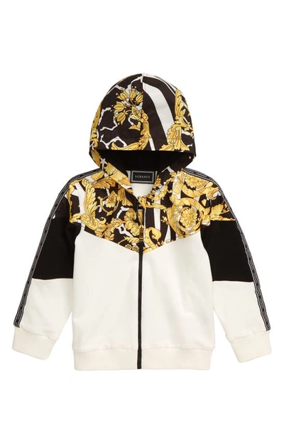 Versace Kids' Barocco Mixed Media Zip Hoodie In Black/ Gold