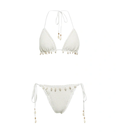 Zimmermann Lola White Shell-embellished Crocket-knit Bikini In Ivory