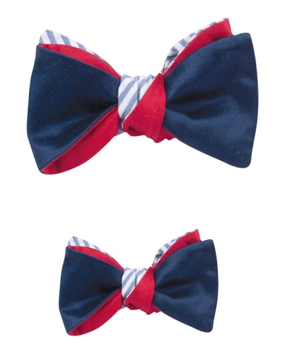 Cinabre Father & Son Satin & Striped Seersucker Reversible Bow Tie Set In Blue/red