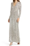 Eliza J Sequin Long Sleeve Evening Gown In Silver