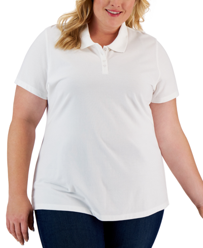 Karen Scott Plus Size Cotton Short-sleeve Polo Shirt, Created For Macy's In Bright White