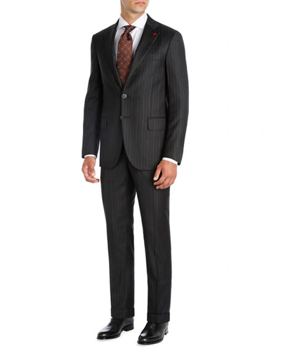 Isaia Striped Super 140s Wool Two-piece Suit, Black/brown