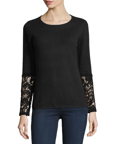 Neiman Marcus Crochet-cuff Cashmere Crewneck Sweater In Black