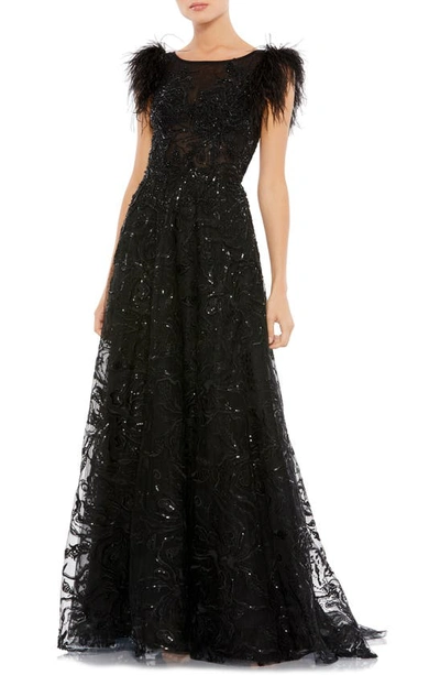 Mac Duggal Feather-sleeve Sequin A-line Gown In Black