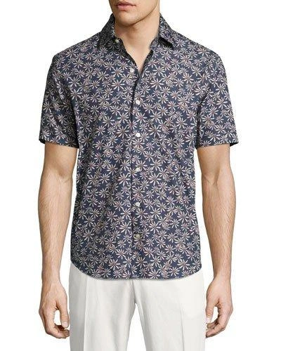 Culturata Floral-print Short-sleeve Cotton Shirt In Navy