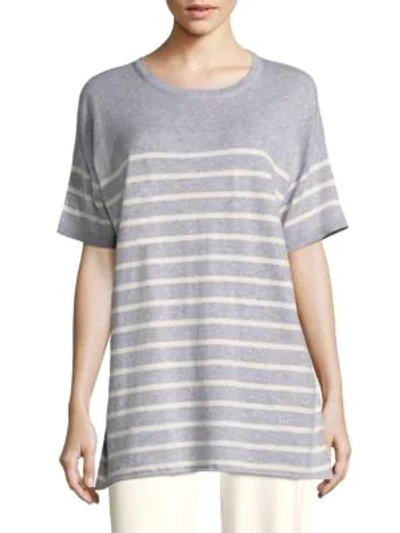 Eileen Fisher 1/2-sleeve Striped Organic Peruvian Cotton Tunic In Grey