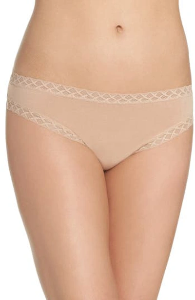 Natori Bliss Lace-trim Cheeky Thong In Cafe