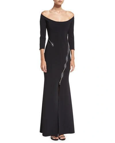La Petite Robe Di Chiara Boni Elektra Zip Off-the-shoulder Long-sleeve Evening Gown In Black