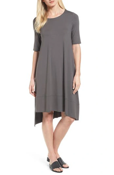 Eileen Fisher Half-sleeve Lightweight Jersey Asymmetric Dress, Petite In Bark