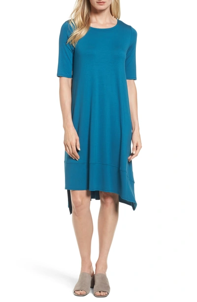 Eileen Fisher Half-sleeve Lightweight Jersey Asymmetric Dress, Petite In Nile