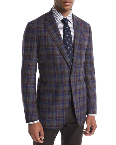 Isaia Domenico Large Check Wool-cashmere Blazer In Gray