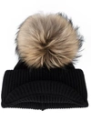Inverni Black Ribbed Cashmere Hat With Visor And Fur Pom Pom
