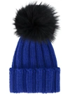 Inverni Blue Ribbed Cashmere Hat With Fur Pom Pom