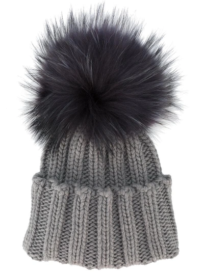 Inverni Grey Wide Ribbed Cashmere Hat With Fur Pom Pom