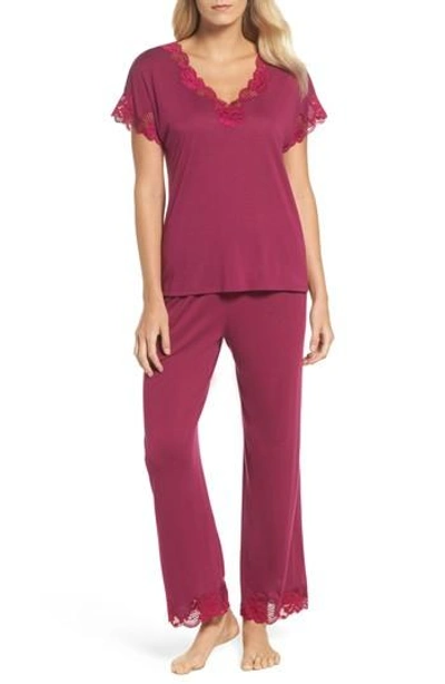 Natori Zen Floral Lace-trim Short Sleeve Pajama Set In Dragon Fruit