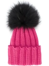 Inverni Pink Ribbed Cashmere Hat With Fur Pom Pom - Pink & Purple