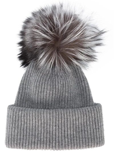 Inverni Grey Ribbed Cashmere Hat With Fur Pom Pom