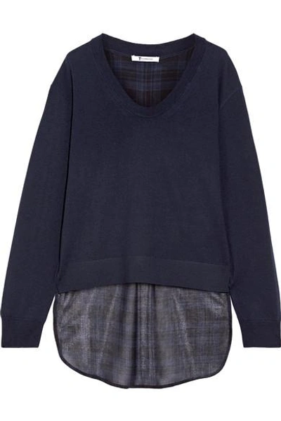 Alexander Wang T Asymmetric Plaid Gauze And Merino Wool Sweater In Midnight Blue