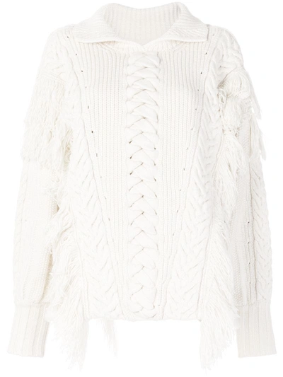 Burberry Fringed Cable Knit Cotton Blend Oversized Sweater In White