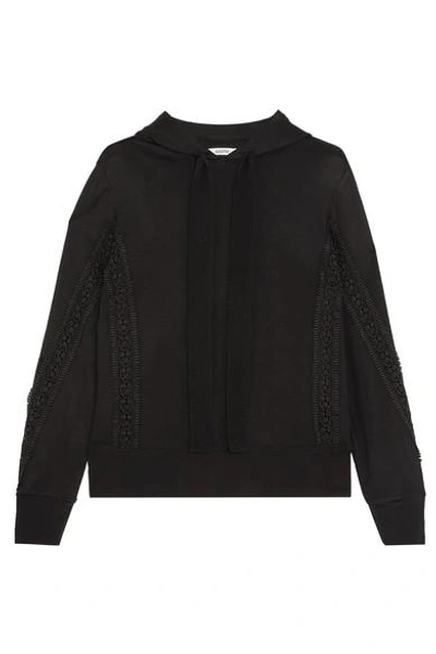 Ganni Guipure Lace-trimmed Stretch-jersey Hooded Sweatshirt In Black