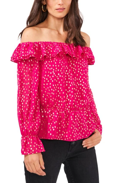 Vince Camuto Off The Shoulder Foil Chiffon Blouse In Fuchsia Rose