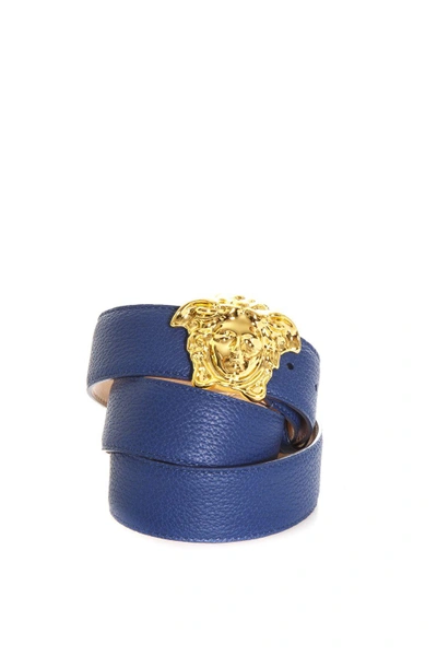 Versace Palazzo Calf Leather Belt In Blue-gold