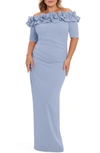 Xscape Long Crepe Off The Shoulder Ruffle Short Sleeve Dress In Sky Blue