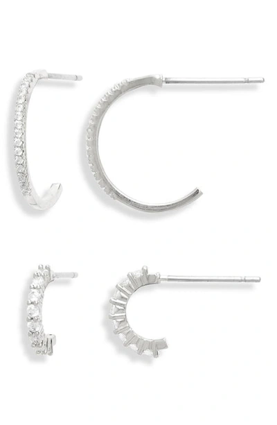 Nordstrom Set Of 2 Cubic Zirconia Pavé Huggie Hoop Earrings In Clear- Silver