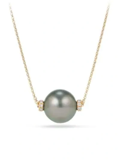 David Yurman Solari Single Station Necklace In 18k Gold With Diamonds And Tahitian Gray Pearl In Gray/gold