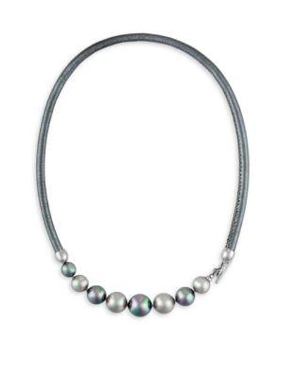 Majorica 9-12mm Nuage And Grey Pearl And Leather Graduated Necklace