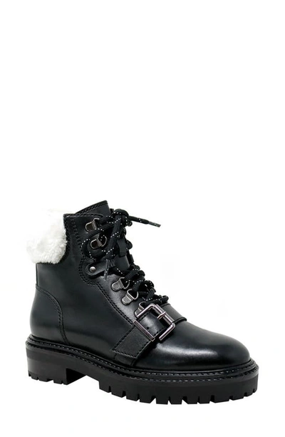Charles David Cliche Leather Combat Boots W/ Faux-fur Trim In Black