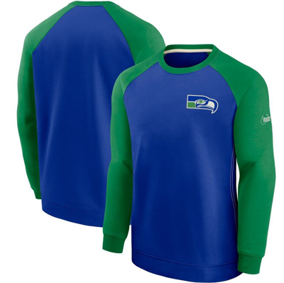 Nike Men's Royal And Green Seattle Seahawks Historic Raglan Crew Performance Sweater In Blue