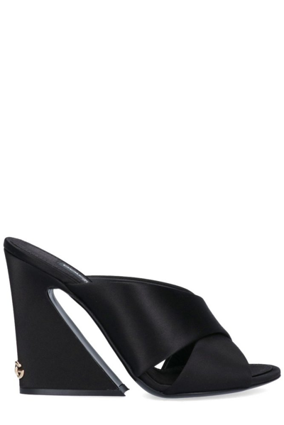 Dolce & Gabbana Satin Mules With Geometric Heel In Black