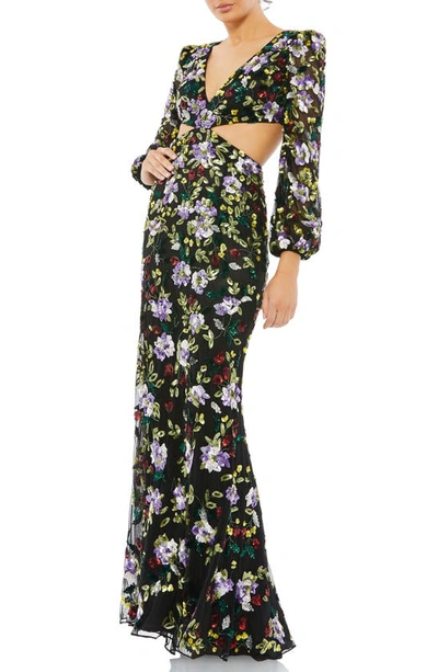 Mac Duggal Floral Beaded Long-sleeve Cutout Gown In Black Multi