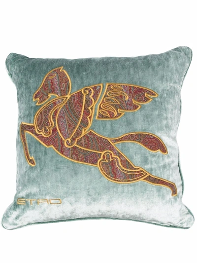 Etro Home Pegasus-motif Velvet-effect Cushion In Blue