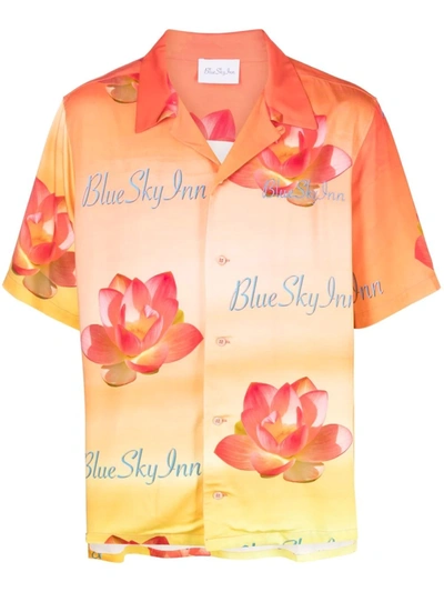 Blue Sky Inn Lotus-print Shortsleeved Bowling Shirt In Orange