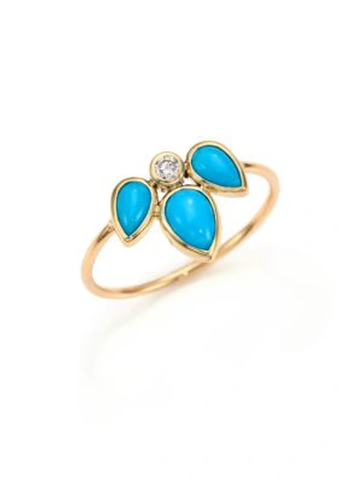 Zoë Chicco 14k Yellow Gold Ring With Turquoise And Diamond In Turquoise/gold