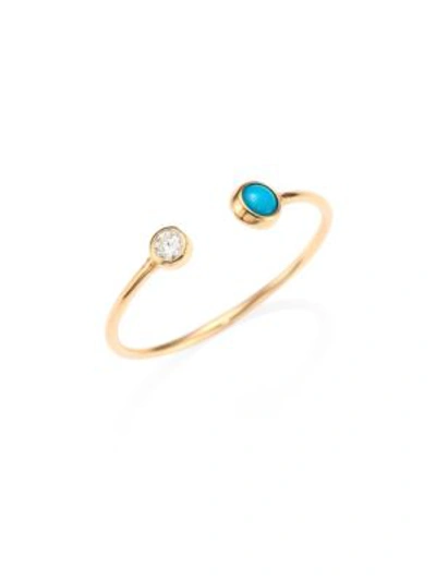 Zoë Chicco Diamond, Turquoise & 14k Yellow Gold Open Ring In Gold Turquoise