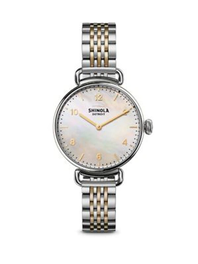 Shinola Canfield Mother-of-pearl & Two-tone Stainless Steel Bracelet Watch In Silver Gold