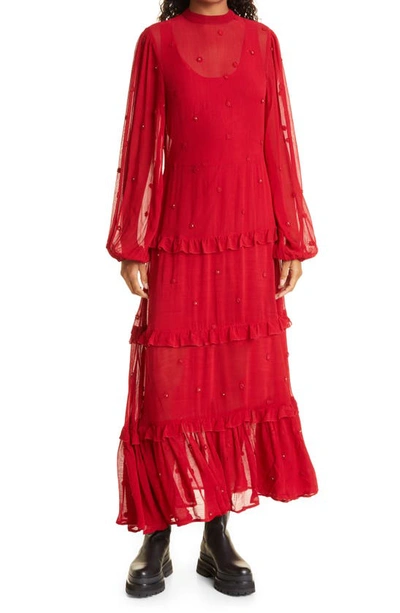 Farm Rio Red Ruffle Long Sleeve Maxi Dress | ModeSens