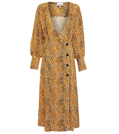 Ganni Women's Leopard Print Plunge Midi Dress In Brown