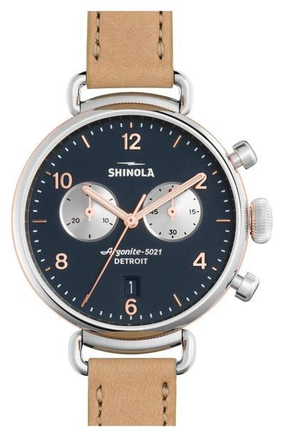 Shinola Runwell Natural Aniline Latigo Leather Strap Watch In Cognac Navy
