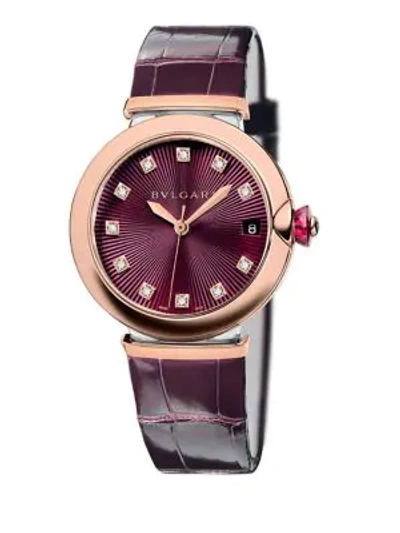 Bvlgari Women's Lvcea Rose Gold, Stainless Steel, Diamond & Purple Alligator Strap Watch