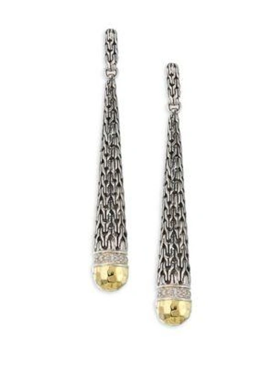John Hardy Classic Chain Hammered 18k Gold & Silver Diamond Pave Long Drop Earrings In Silver-gold