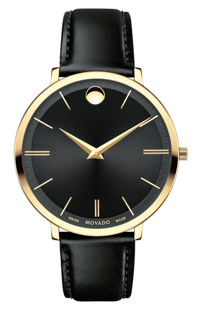 Movado Ultra Slim Goldtone Stainless Steel & Leather Strap Watch In Black Gold