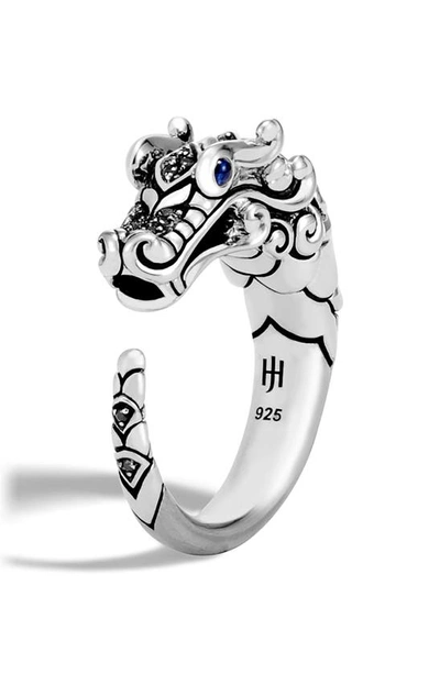 John Hardy Brushed Sterling Silver Naga Ring With Black Sapphire, Black Spinel And Blue Sapphire Eyes In Treated Black Sapphire