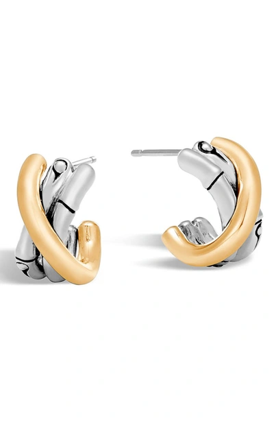 John Hardy Brushed 18k Yellow Gold And Sterling Silver Bamboo J Hoop Earrings In Silver/gold