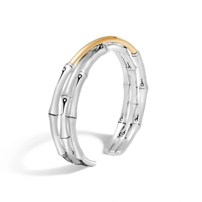 John Hardy Brushed 18k Yellow Gold And Sterling Silver Bamboo Small Flex Cuff In Silver And Gold