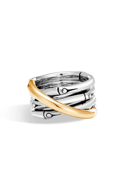 John Hardy Brushed 18k Yellow Gold And Sterling Silver Bamboo Ring In Silver Gold